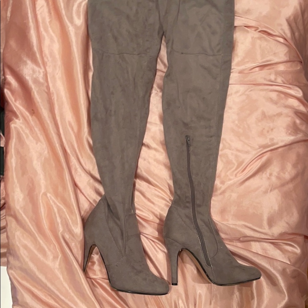 Thigh high grey suedette boots